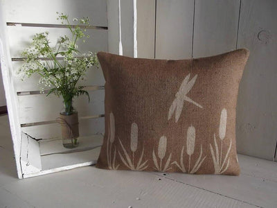 ' Dragonfly And Bulrush ' Hessian Cushion (Chestnut Brown)
