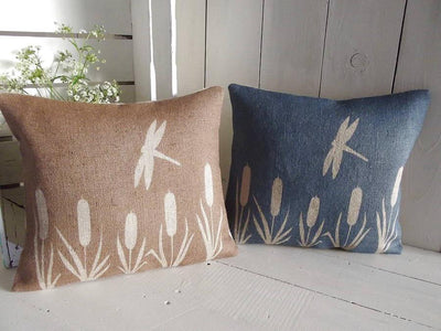 ' Dragonfly And Bulrush ' Hessian Cushion (Brown & Blue)