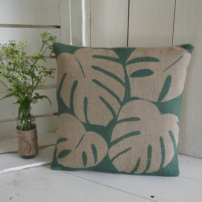 ' Hessian Leaf Print ' Cushion (Green)