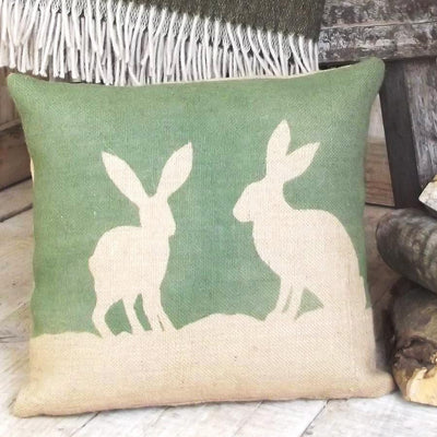 ' Country Hare ' Hessian Cushion (Green)