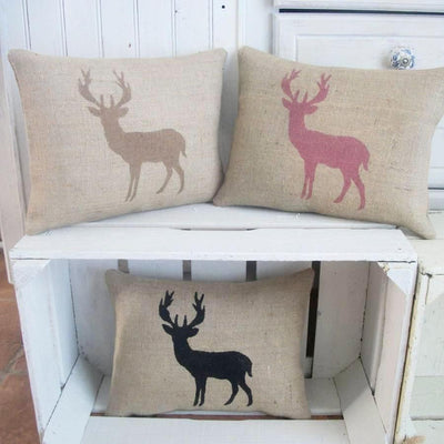' Standing Deer ' Hessian Cushions (Chestnut, Cranberry & Black)