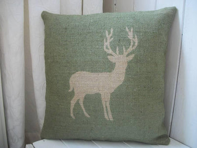 ' Deer ' Hessian Cushion (Green)